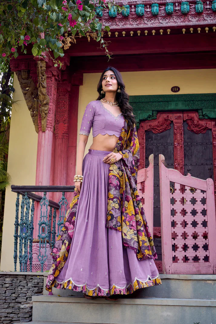 VICHITRA SILK THREAD EMBROIDERED AND KALAMKARI PRINTED LEHENGA CHOLI WITH DUPATTA(WD76) (02)