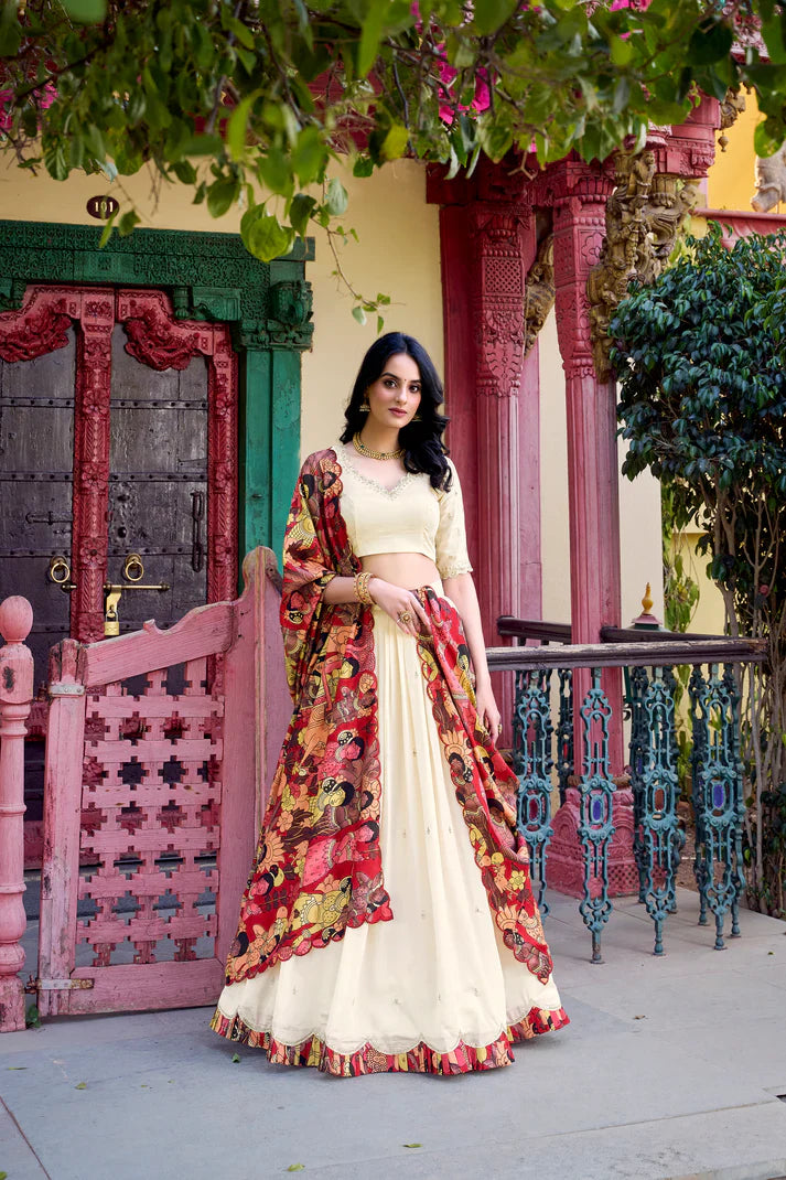 VICHITRA SILK THREAD EMBROIDERED AND KALAMKARI PRINTED LEHENGA CHOLI WITH DUPATTA(WD76) (01)