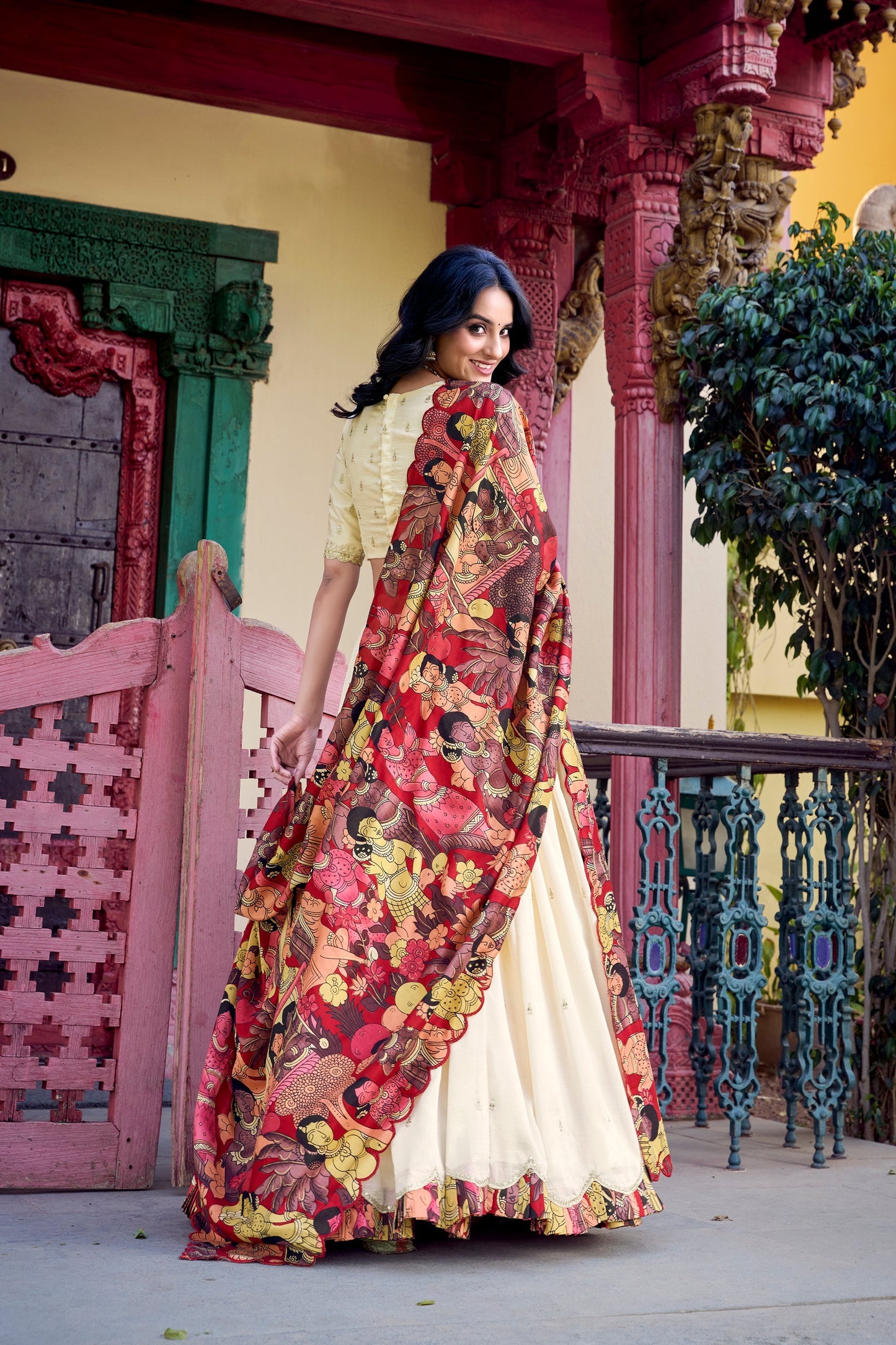 VICHITRA SILK THREAD EMBROIDERED AND KALAMKARI PRINTED LEHENGA CHOLI WITH DUPATTA (WDN89) 01