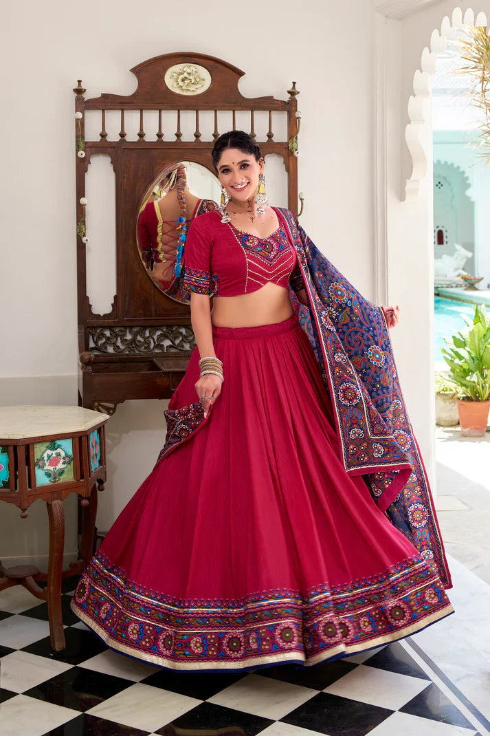 NAVRATRI SPECIAL TUSSAR SILK GAMTHI PRINT LEHENGA CHOLI WITH DUPATTA(WD190) (03)