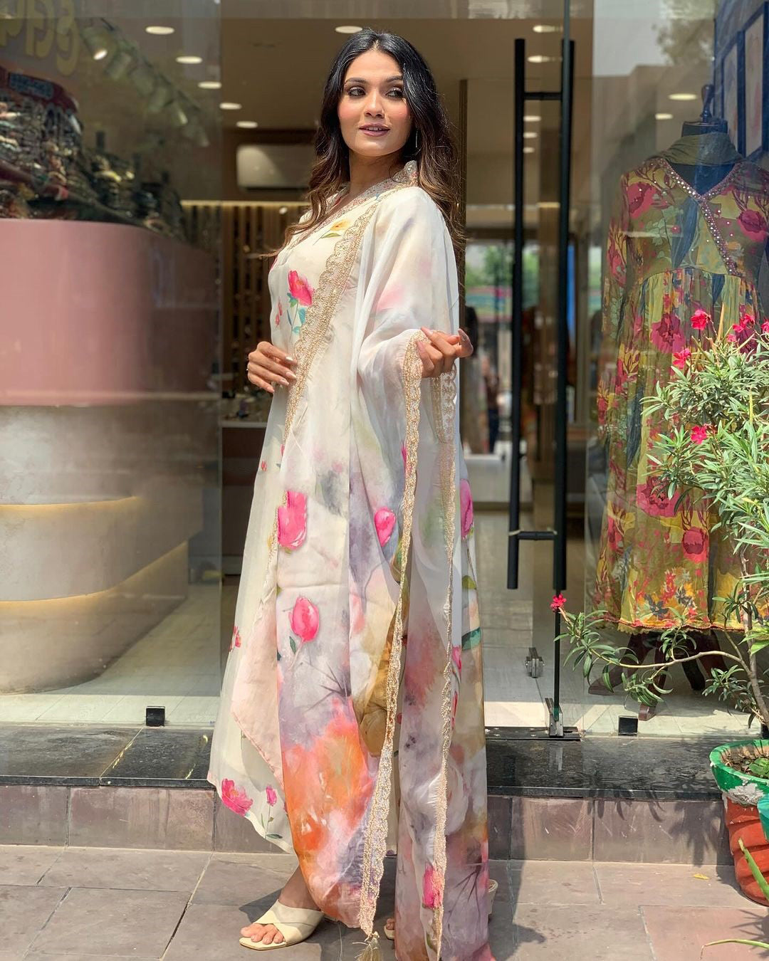 Elegant Ivory Floral Suit with Golden Lace Dupatta β¨ (KY01)