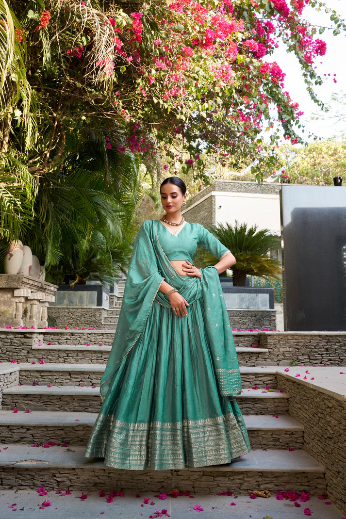 PURE CHANDERI ZARI WEAVING LEHENGA CHOLI WITH SEQUINS EMBROIDERED DUPATTA(WD95) (02)
