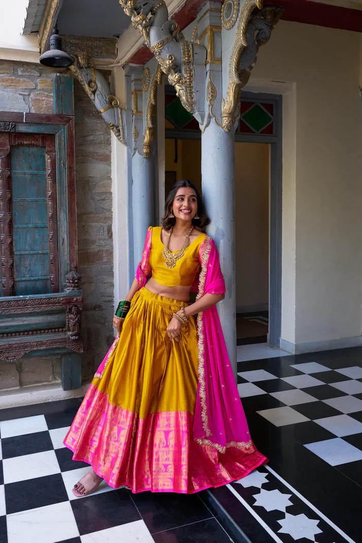 NARAYAN PATTU LEHENGA CHOLI WITH GEORGETTE EMBROIDERED DUPATTA(WD97)