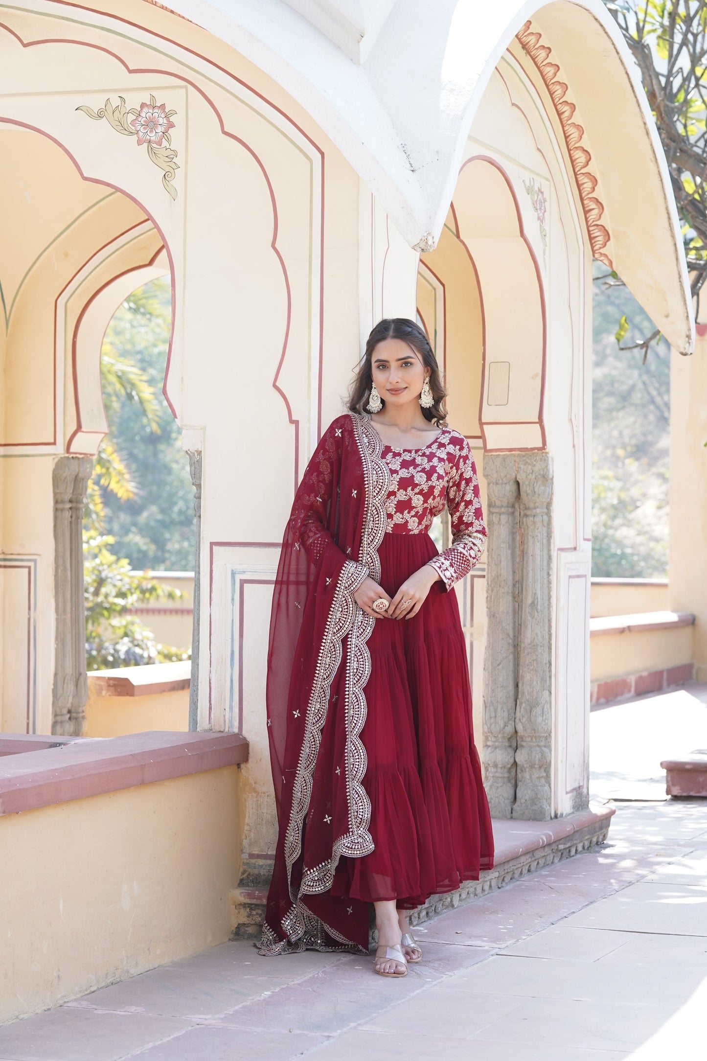 Faux Blooming gown with Viscose Dyable Jacquard With Sequins Embroidered Work Faux Blooming Dupatta (WDN27) 02