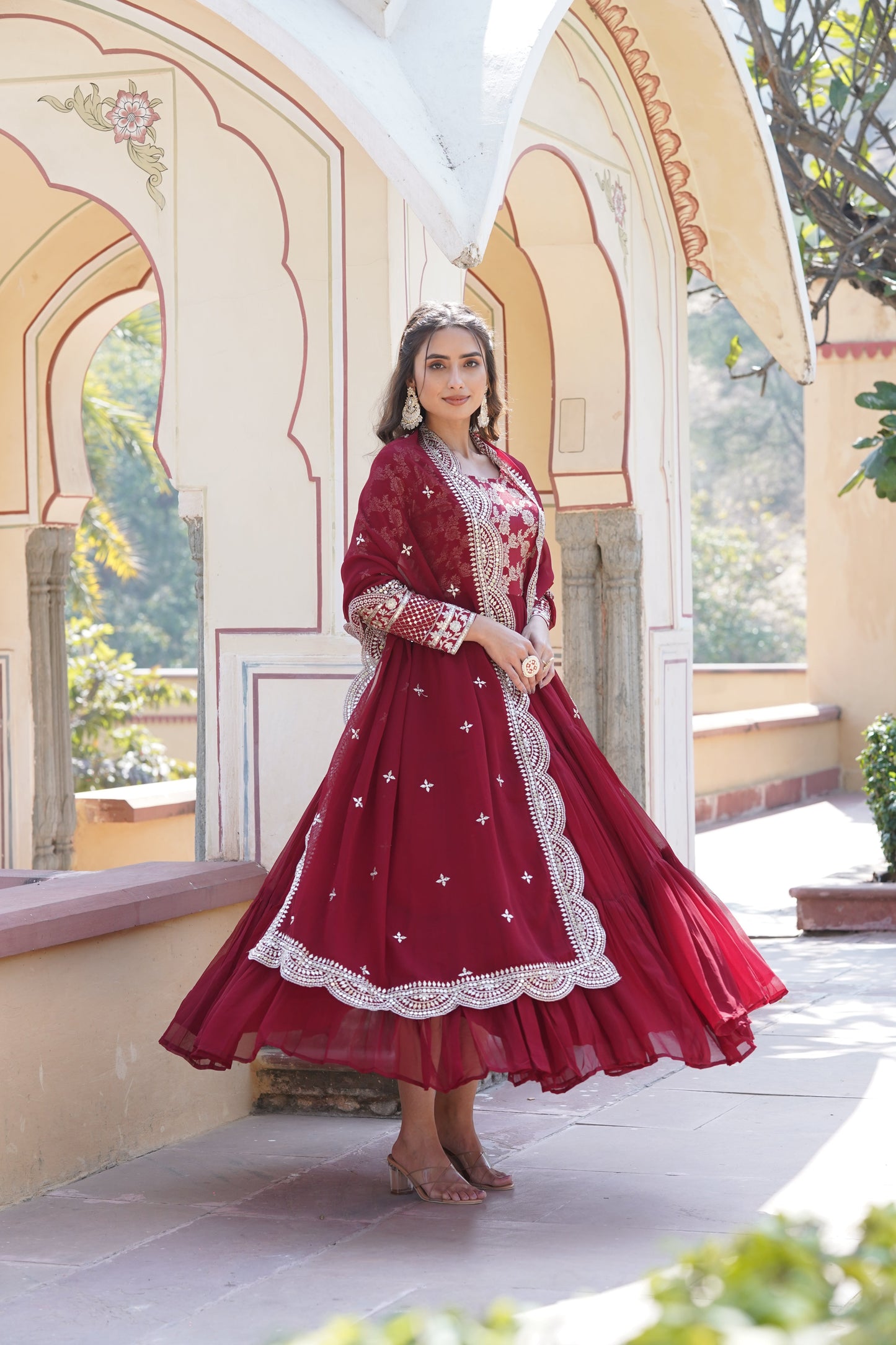 Tilton Faux Blooming gown with Viscose Dyable Jacquard With Sequins Embroidered Work Faux Blooming Dupatta
