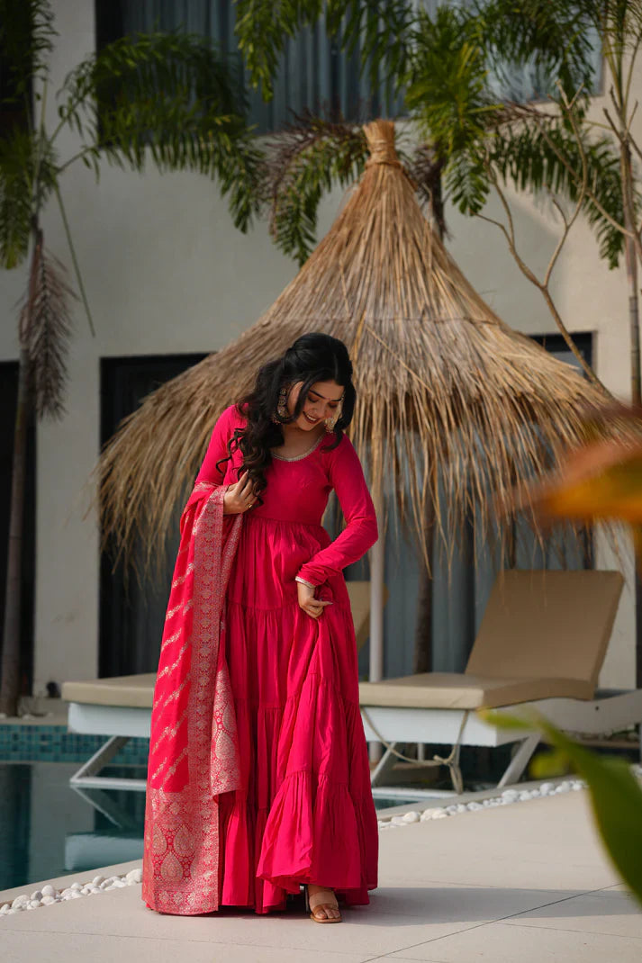 WEDDING SPECIAL MICROCRAPE GOWN WITH JAQUARD DUPATTA(WD111)