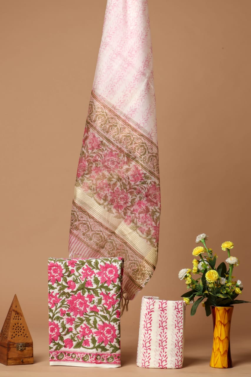 ELEGANT HAND BLOCK PRINT COTTON SUIT SET WITH ORGANZA DUPATTA (SWORG08)