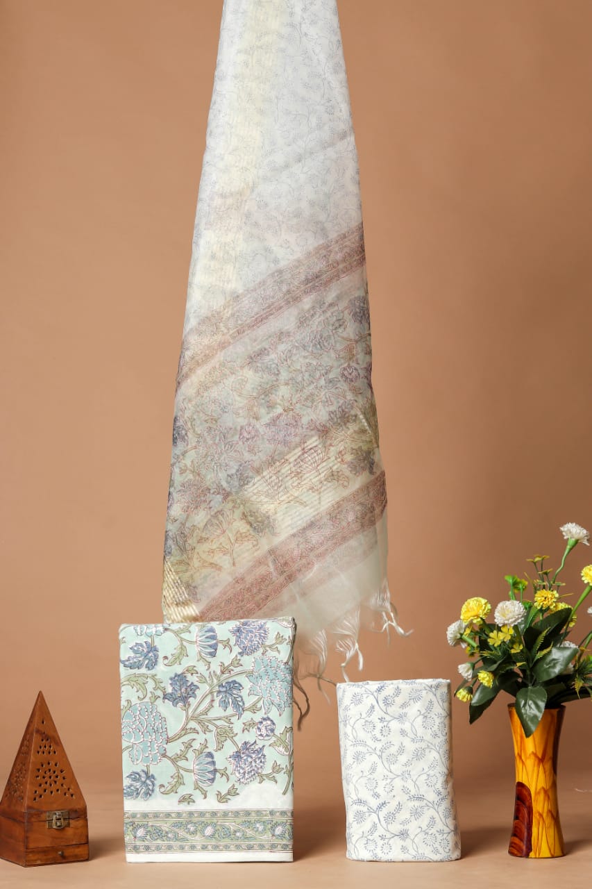 HAND BLOCK PRINT COTTON SUIT SET WITH ORGANZA DUPATTA (SWORG19)