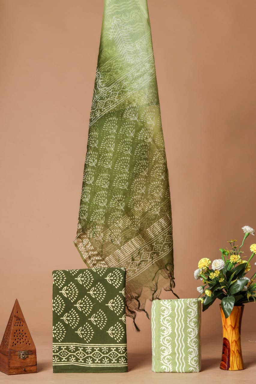 HAND BLOCK PRINT COTTON SUIT SET WITH ORGANZA DUPATTA (SWORG18)