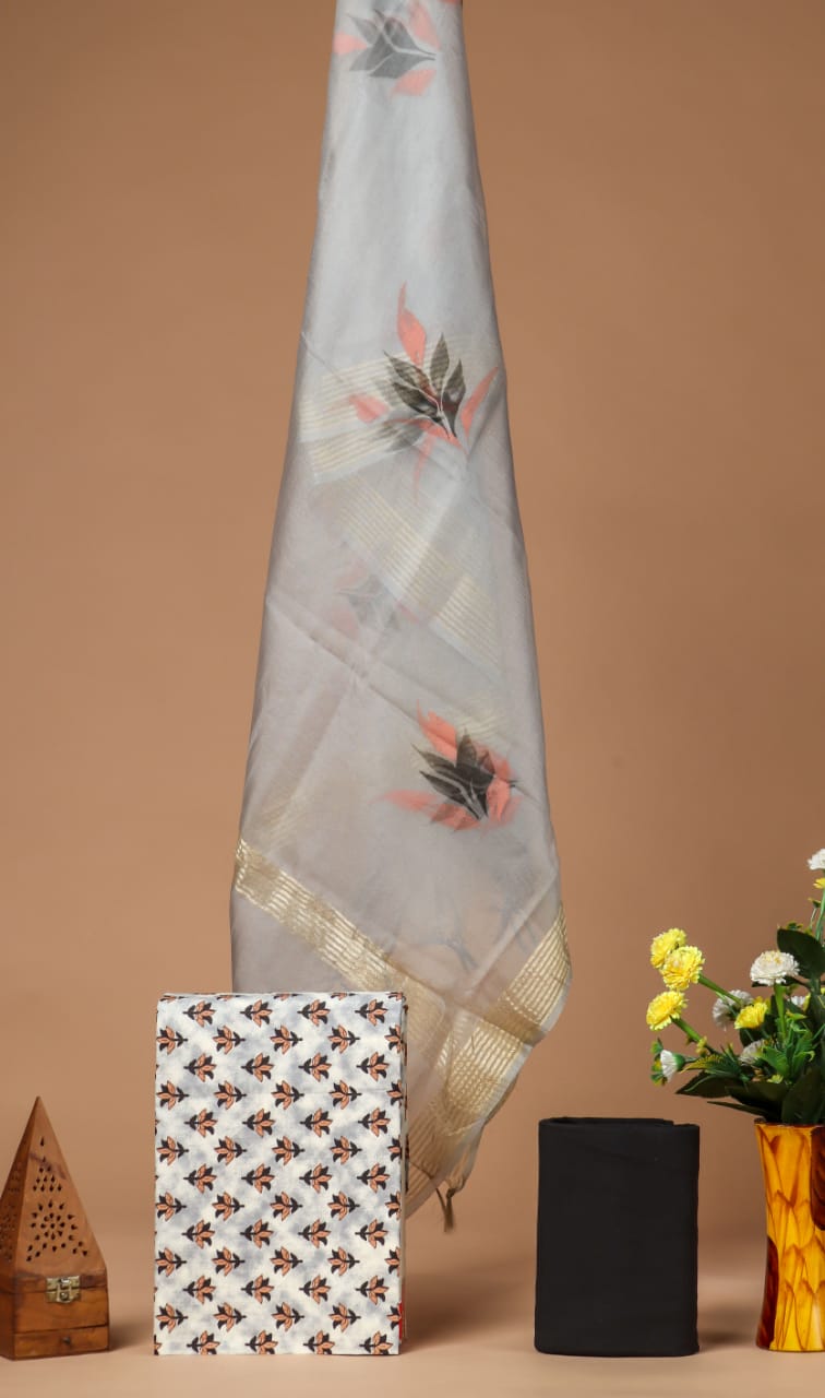 BLOCK PRINT COTTON SUIT SET WITH ORGANZA DUPATTA (SWORG36)