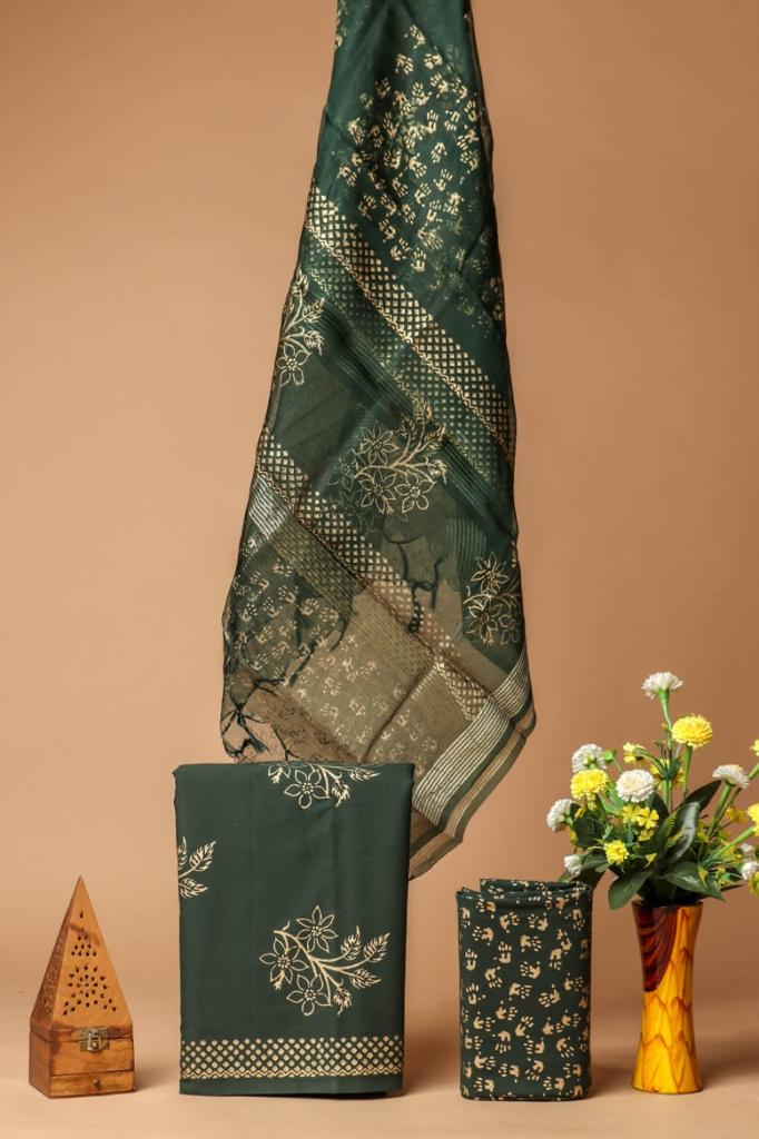 BLOCK PRINT COTTON SUIT SET WITH ORGANZA DUPATTA (SWORG38)