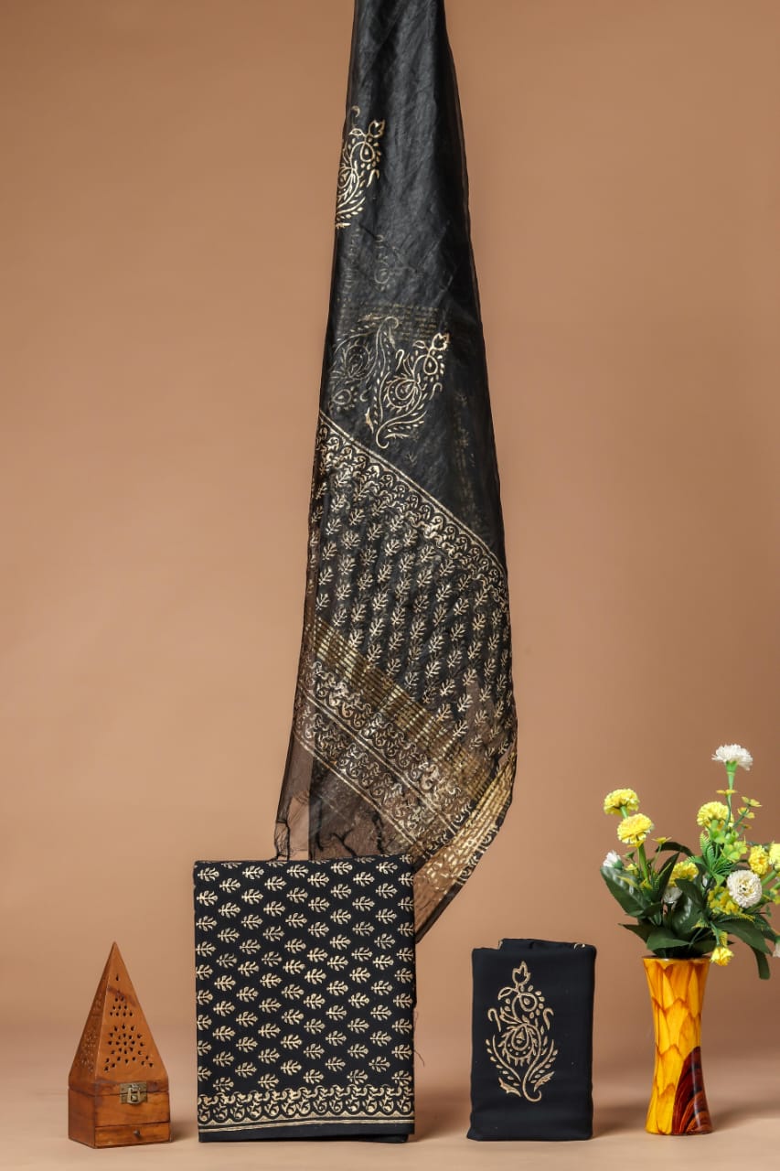 EXCLUSIVE BLOCK PRINT COTTON SUIT SET WITH ORGANZA DUPATTA (SWORG42)