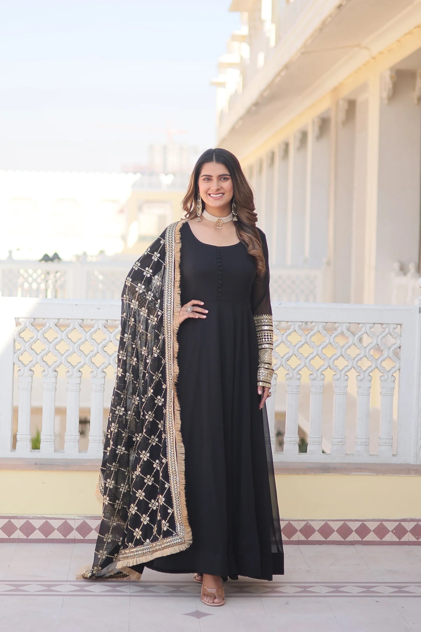 Faux Blooming Gown with Dupatta With Attractive Embroidered Sequins work with Lace Border(WARED333)