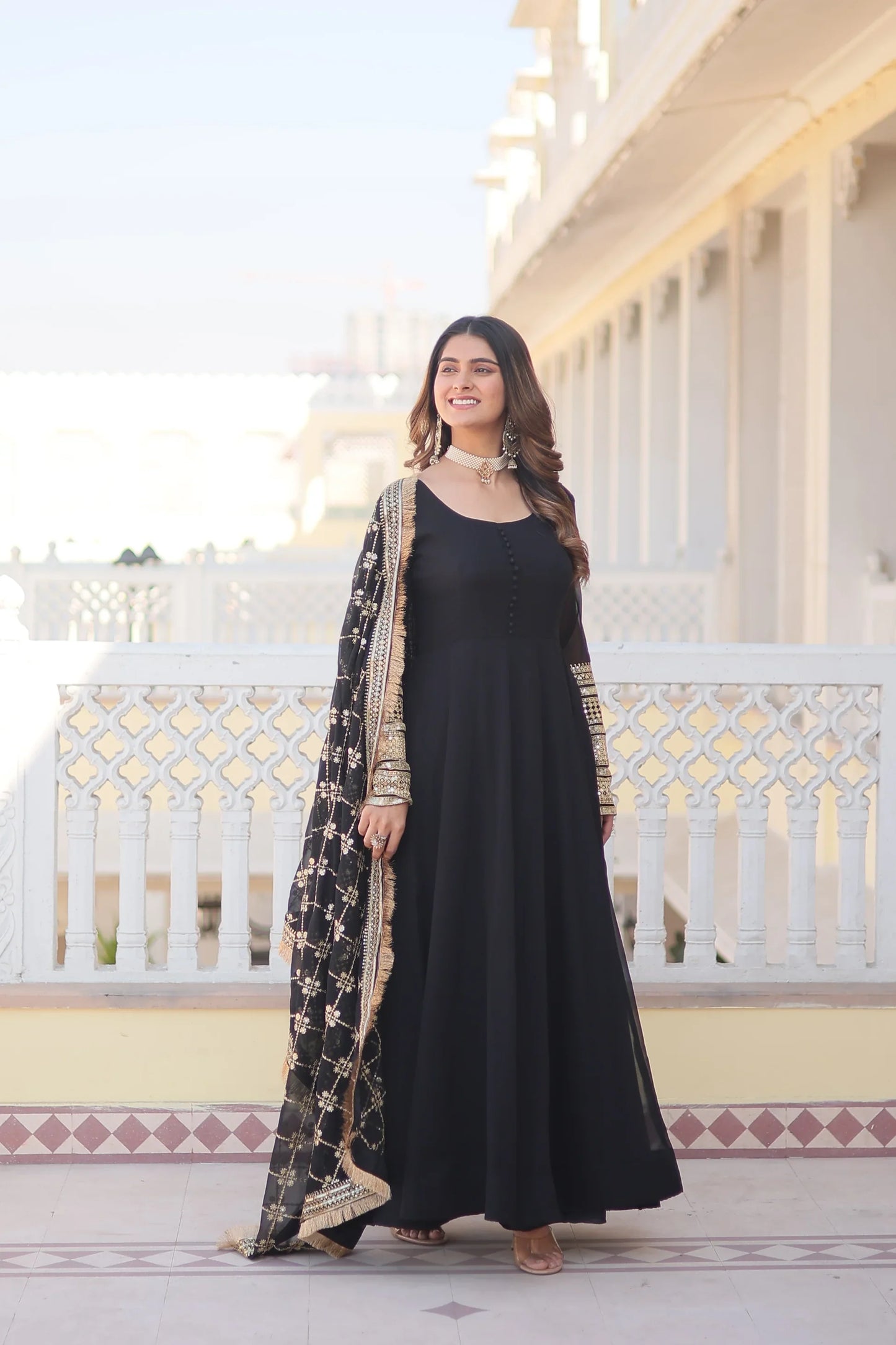 Faux Blooming Gown with Dupatta With Attractive Embroidered Sequins work with Lace Border(WARED333)