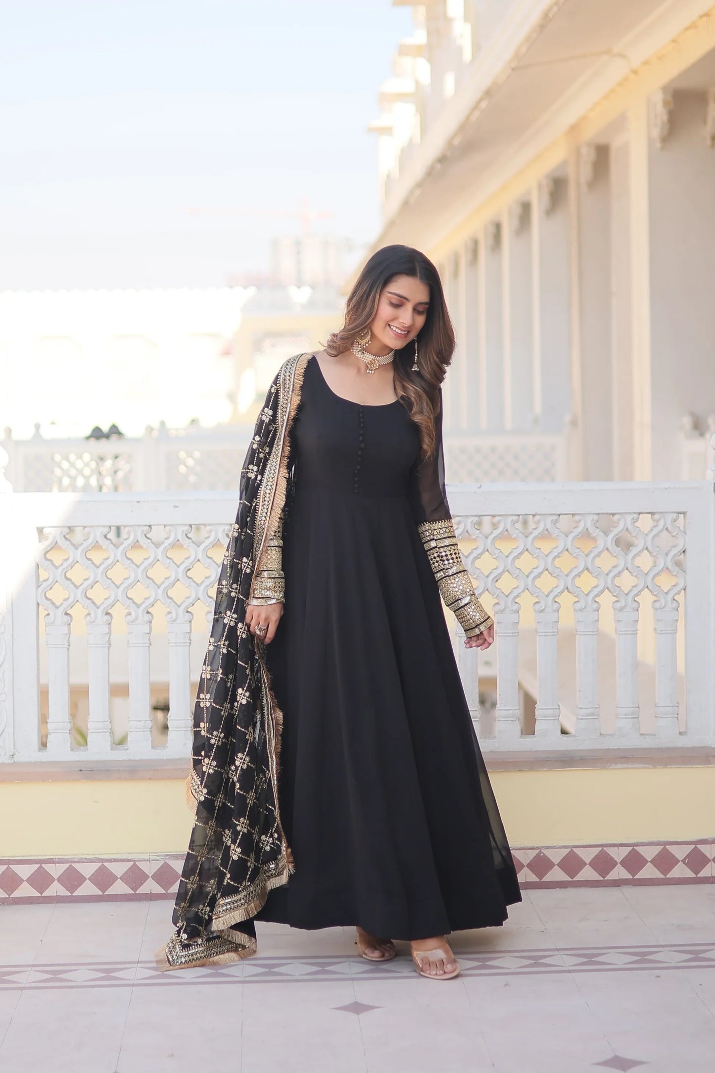 Faux Blooming Gown with Dupatta With Attractive Embroidered Sequins work with Lace Border(WARED333)