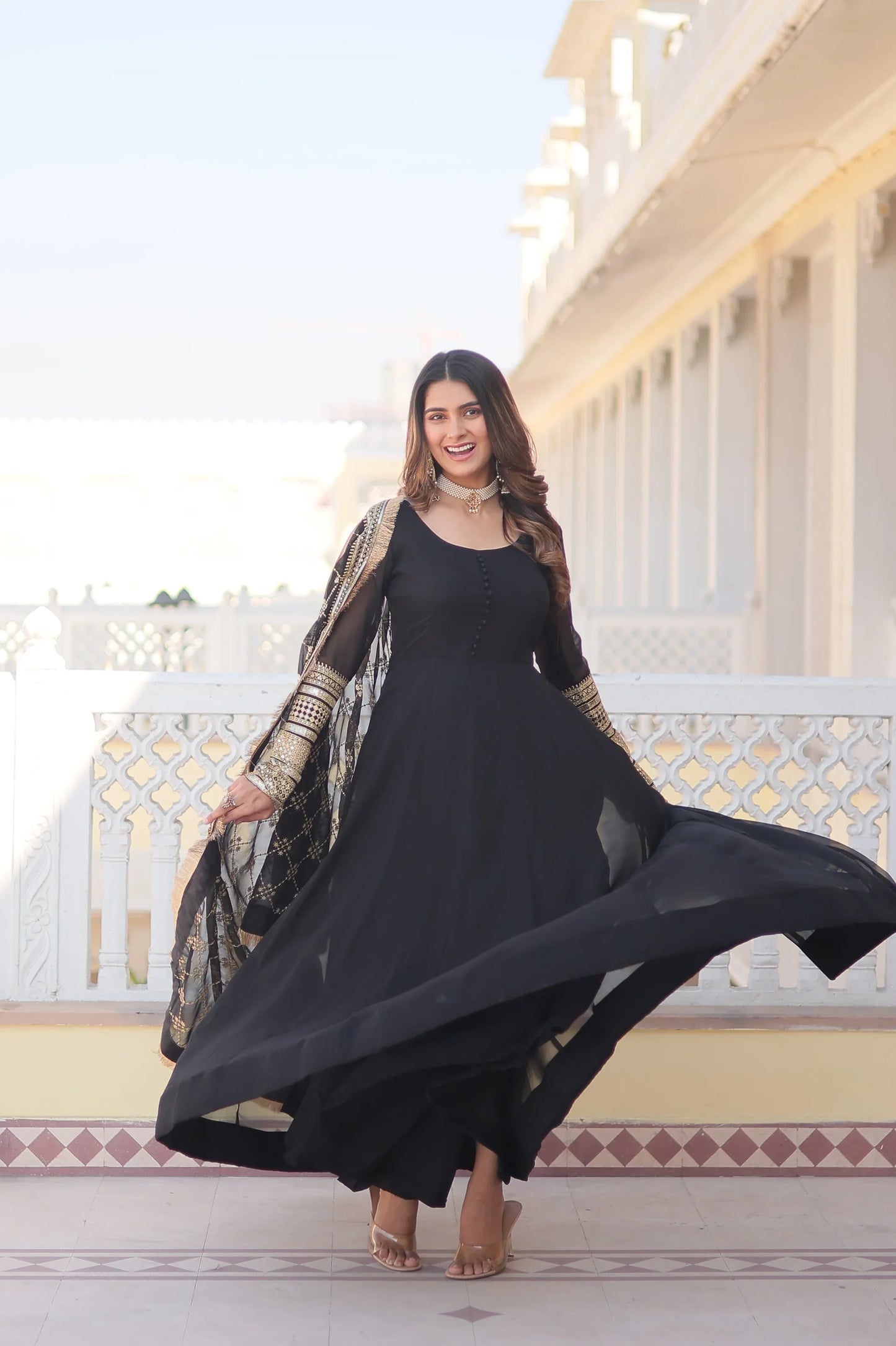 Faux Blooming Gown with Dupatta With Attractive Embroidered Sequins work with Lace Border(WARED333)