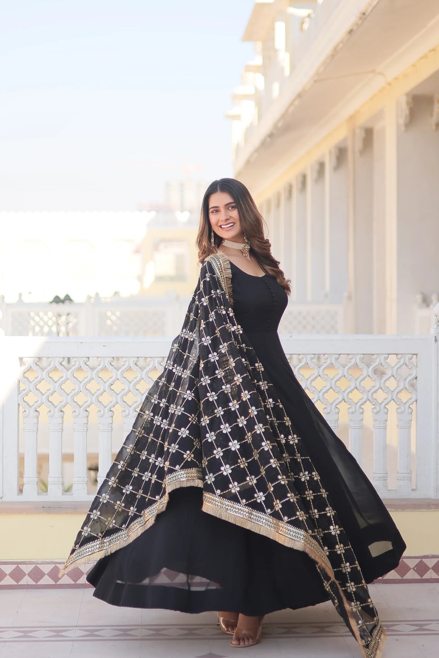 Faux Blooming Gown with Dupatta With Attractive Embroidered Sequins work with Lace Border(WARED333)