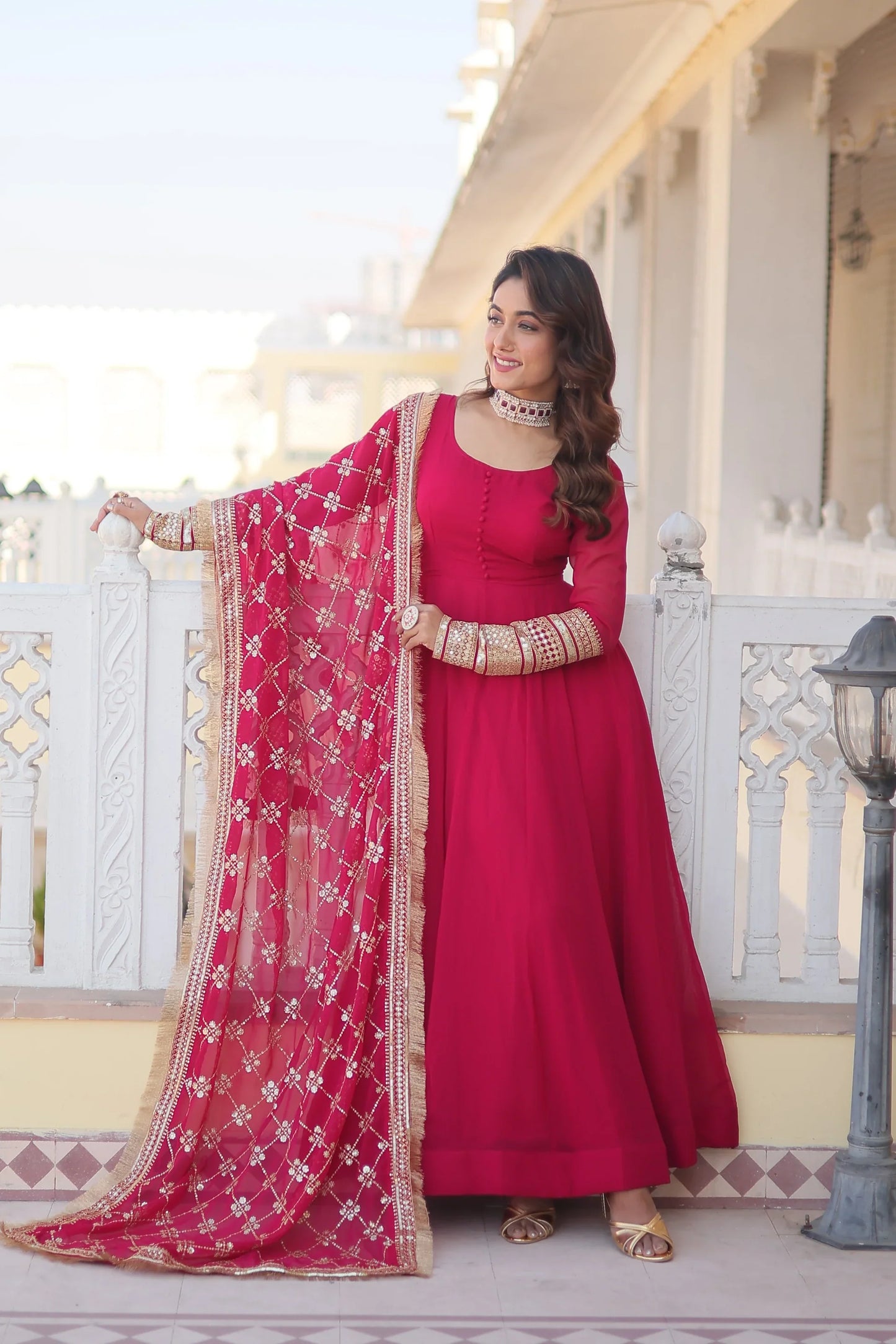 Faux Blooming Gown with Dupatta With Attractive Embroidered Sequins work with Lace Border(WARED334)