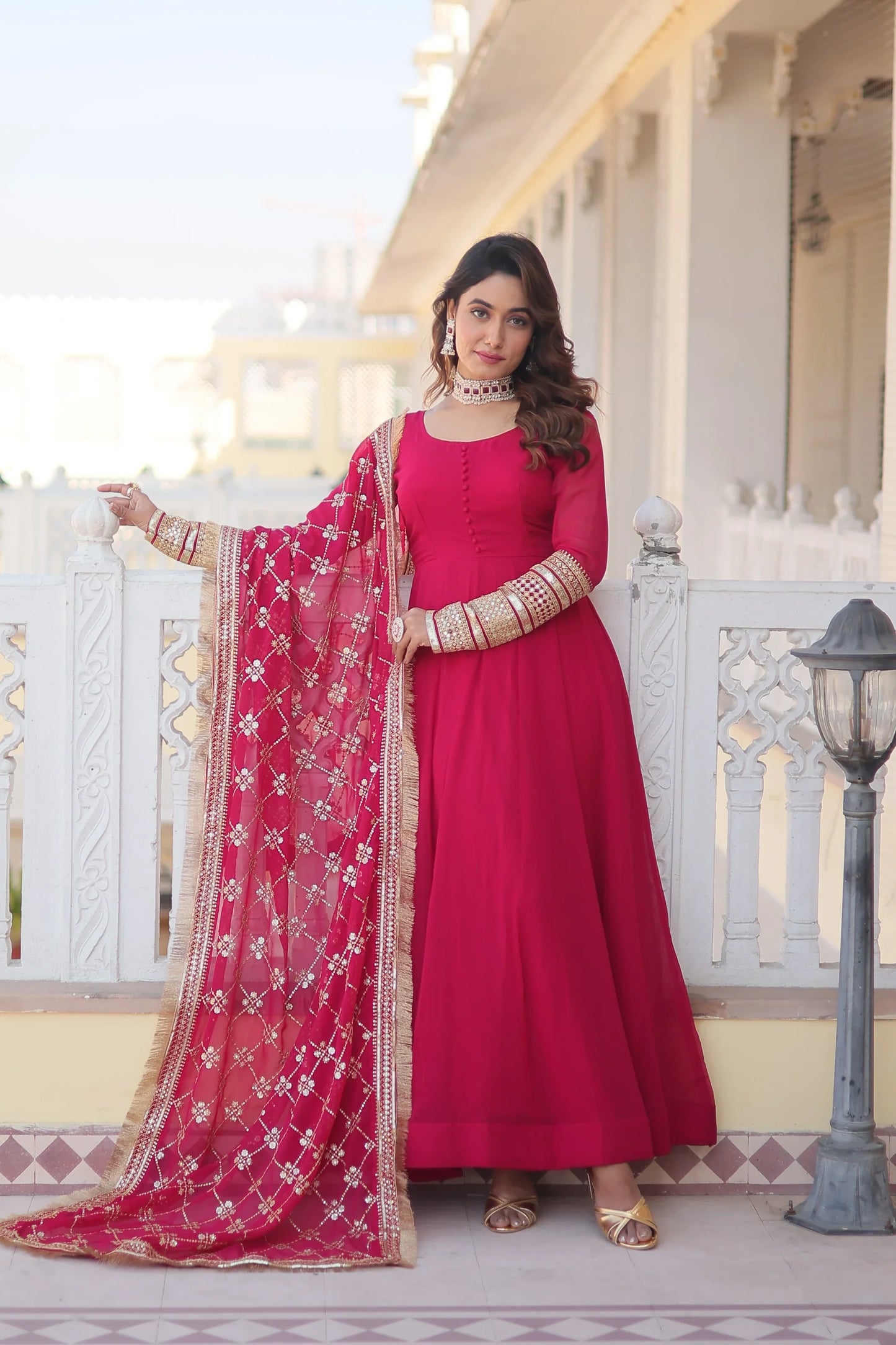 Faux Blooming Gown with Dupatta With Attractive Embroidered Sequins work with Lace Border(WARED334)