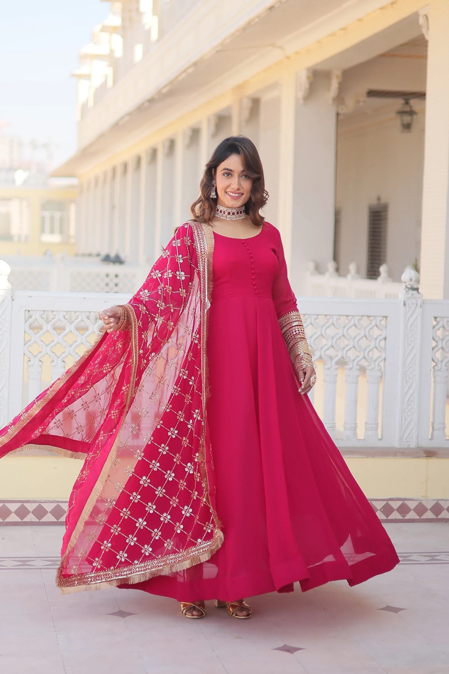 Faux Blooming Gown with Dupatta With Attractive Embroidered Sequins work with Lace Border(WARED334)