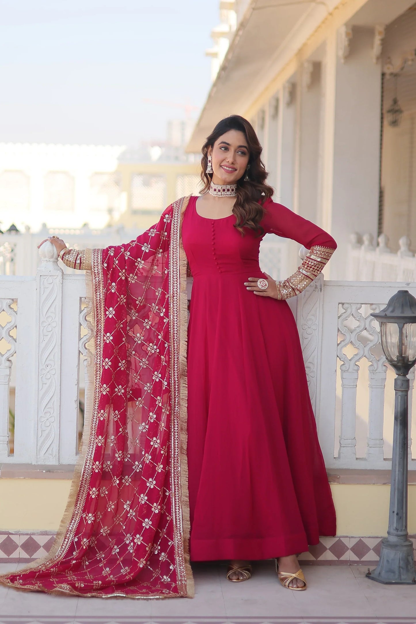 Faux Blooming Gown with Dupatta With Attractive Embroidered Sequins work with Lace Border(WARED334)