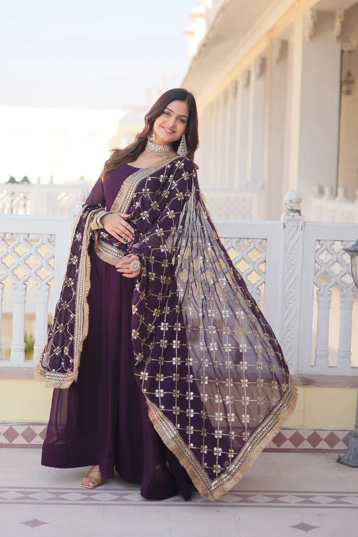 Faux Blooming Gown with Dupatta With Attractive Embroidered Sequins work with Lace Border(WD27) (01)