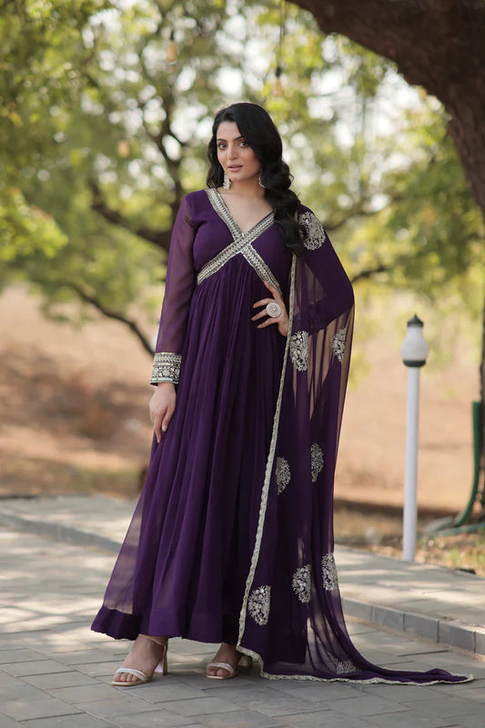 Faux Blooming gown with Viscose Dyable Jacquard With Sequins Embroidered Work Faux Blooming Dupatta(WD38)