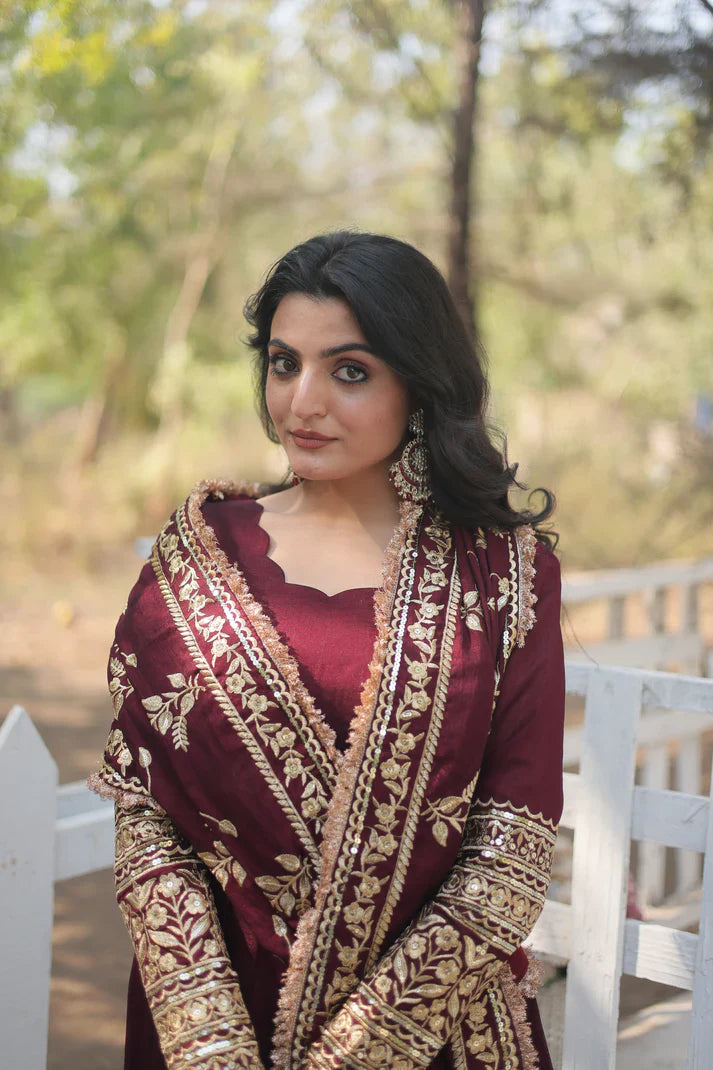 DARK MAROON HEAVY SEQUINS EMBROIDERY WORK GOWN WITH DUPATTA(WD14)