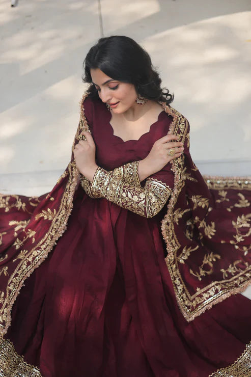 DARK MAROON HEAVY SEQUINS EMBROIDERY WORK GOWN WITH DUPATTA(WD14)