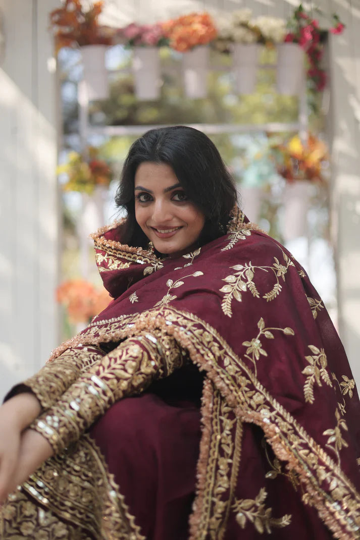 DARK MAROON HEAVY SEQUINS EMBROIDERY WORK GOWN WITH DUPATTA(WD14)