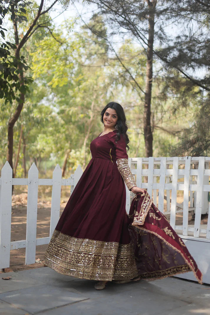 DARK MAROON HEAVY SEQUINS EMBROIDERY WORK GOWN WITH DUPATTA(WD14)