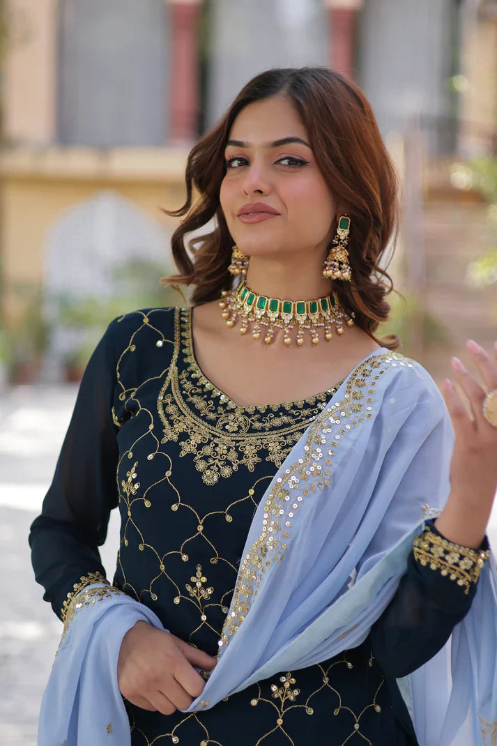 WEDDING SPECIAL FAUX BLOOMING GEORGETTE SEQUINS EMBROIDERED PLAZZO SET WITH DUPATTA(WD121)