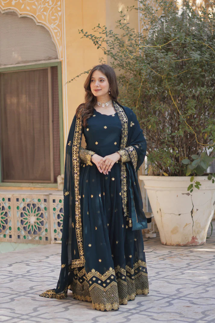 FAUX BLOOMING GEORGETTE SEQUINS EMBROIDERED GOWN WITH DUPATTA(WD12)