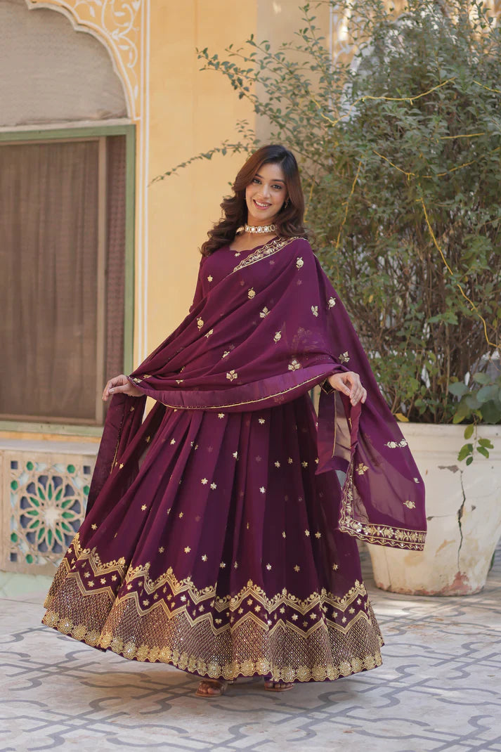 FAUX BLOOMING GEORGETTE SEQUINS EMBROIDERED GOWN WITH DUPATTA(WD12) (01)