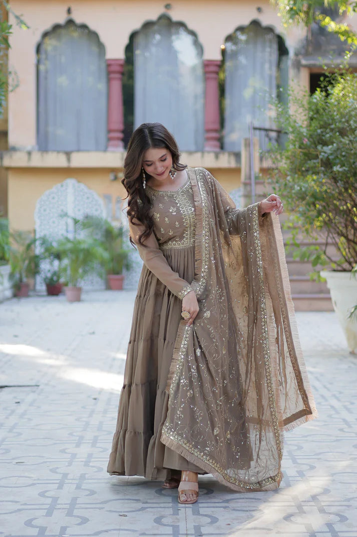 WEDDING SPECIAL STAR GEORGETTE ZARI SEQUINS EMBROIDERED GOWN WITH DUPATTA (WD117) (03)