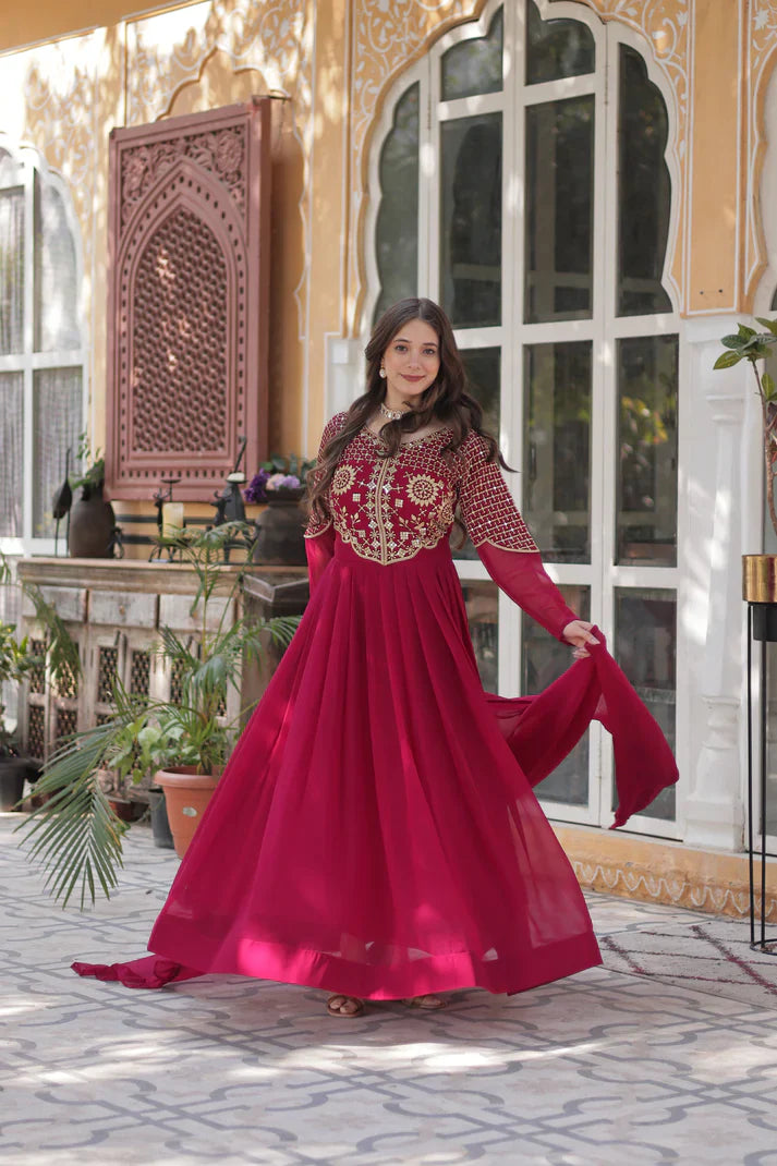 BLOOMING GEORGETTE EMBROIDERED GOWN WITH DUPATTA(WD98)