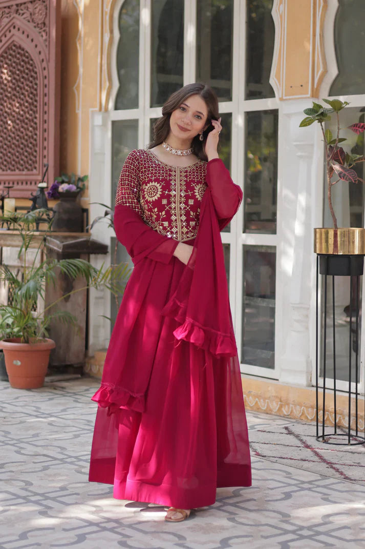 BLOOMING GEORGETTE EMBROIDERED GOWN WITH DUPATTA(WD98)
