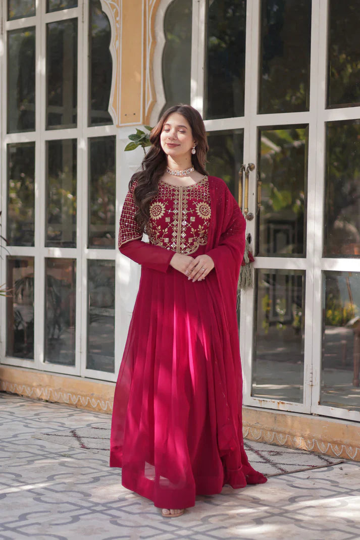BLOOMING GEORGETTE EMBROIDERED GOWN WITH DUPATTA(WD98)