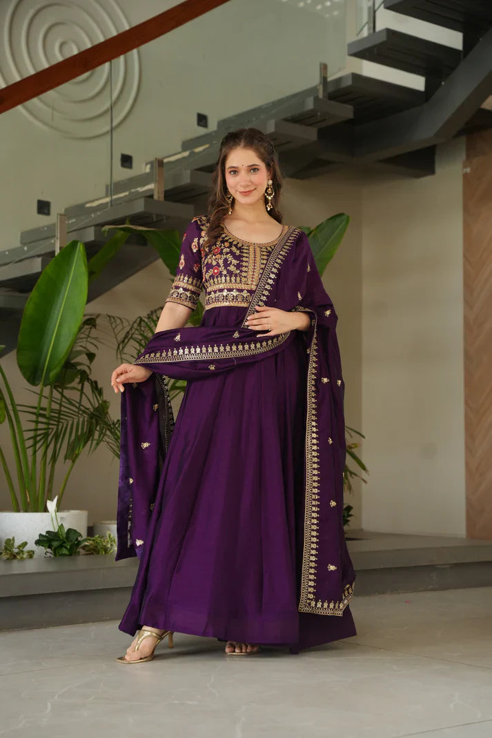 VICHITRA SILK SEQUANCE EMBROIDERED GOWN WITH DUPATTA(WD81) (01)