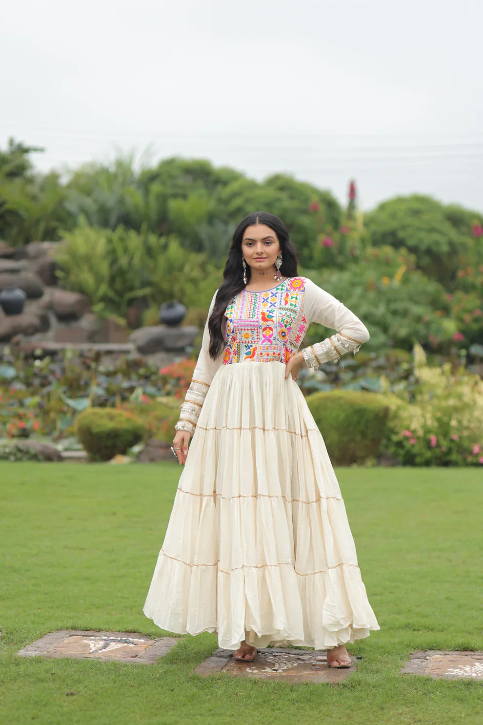 NAVRATRI SPECIAL KORA COTTON EMBROIDERED GOWN WITH GOTA PATTI WORK(WD189)