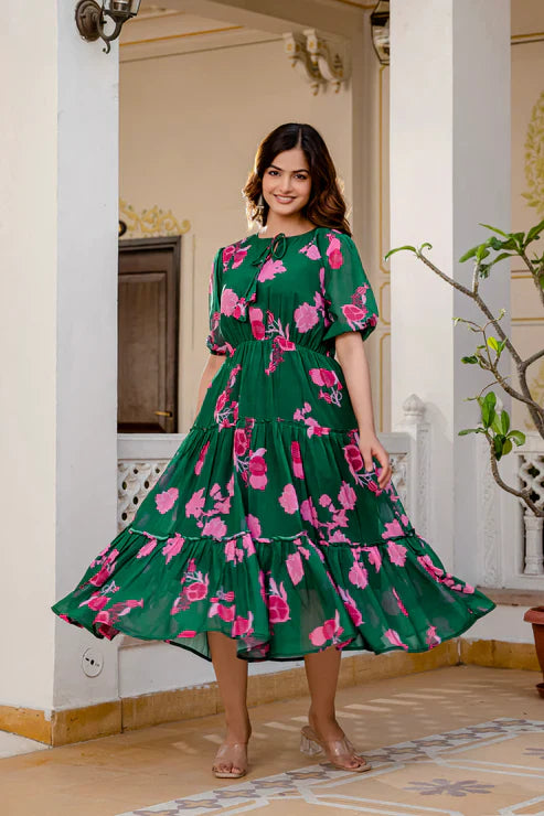 GREEN FAUX GEORGETTE FLORAL PRINT FLAIRED DRESS(WD70)
