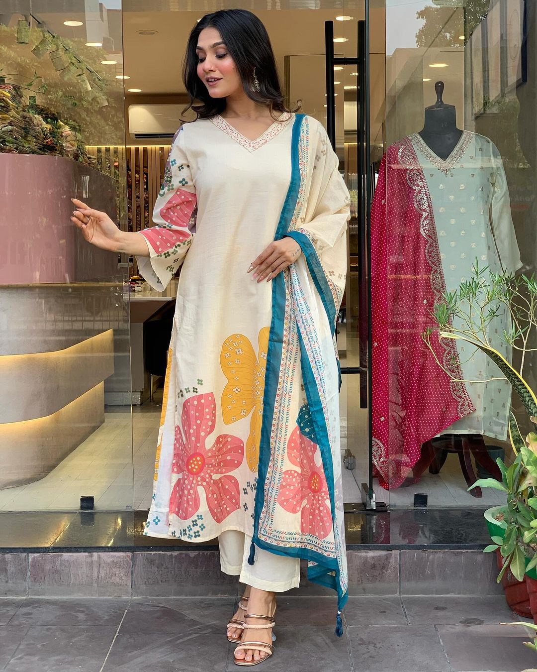Launching Summer Cool, Comfortable And Attractive Softest Muslin Suit Set Which Is Beautifully Decorated With Hand Embroidery And Thread Work. It Is Paired With Matching Pants And Dupatta(WARED17)
