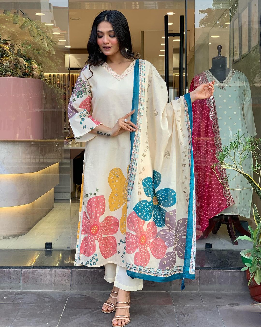 Launching Summer Cool, Comfortable And Attractive Softest Muslin Suit Set Which Is Beautifully Decorated With Hand Embroidery And Thread Work. It Is Paired With Matching Pants And Dupatta(WARED17)