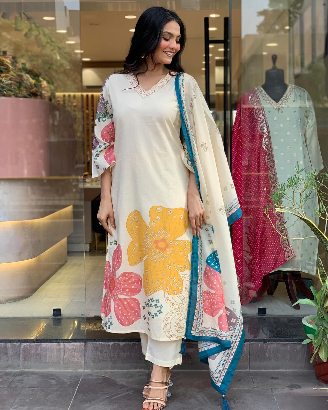 Launching Summer Cool, Comfortable And Attractive Softest Muslin Suit Set Which Is Beautifully Decorated With Hand Embroidery And Thread Work. It Is Paired With Matching Pants And Dupatta(WARED17)