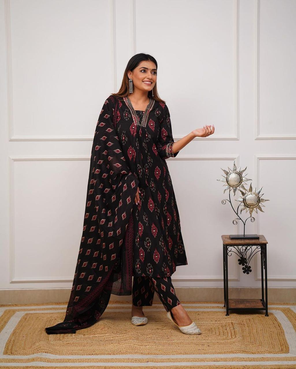 💃🏼Introducing the latest addition to our fashion collection the strength kurta Style made from high-quality cotton, embellished with exquisite mirror & sequence work on neck line and paired with matching pant.(WARED352)