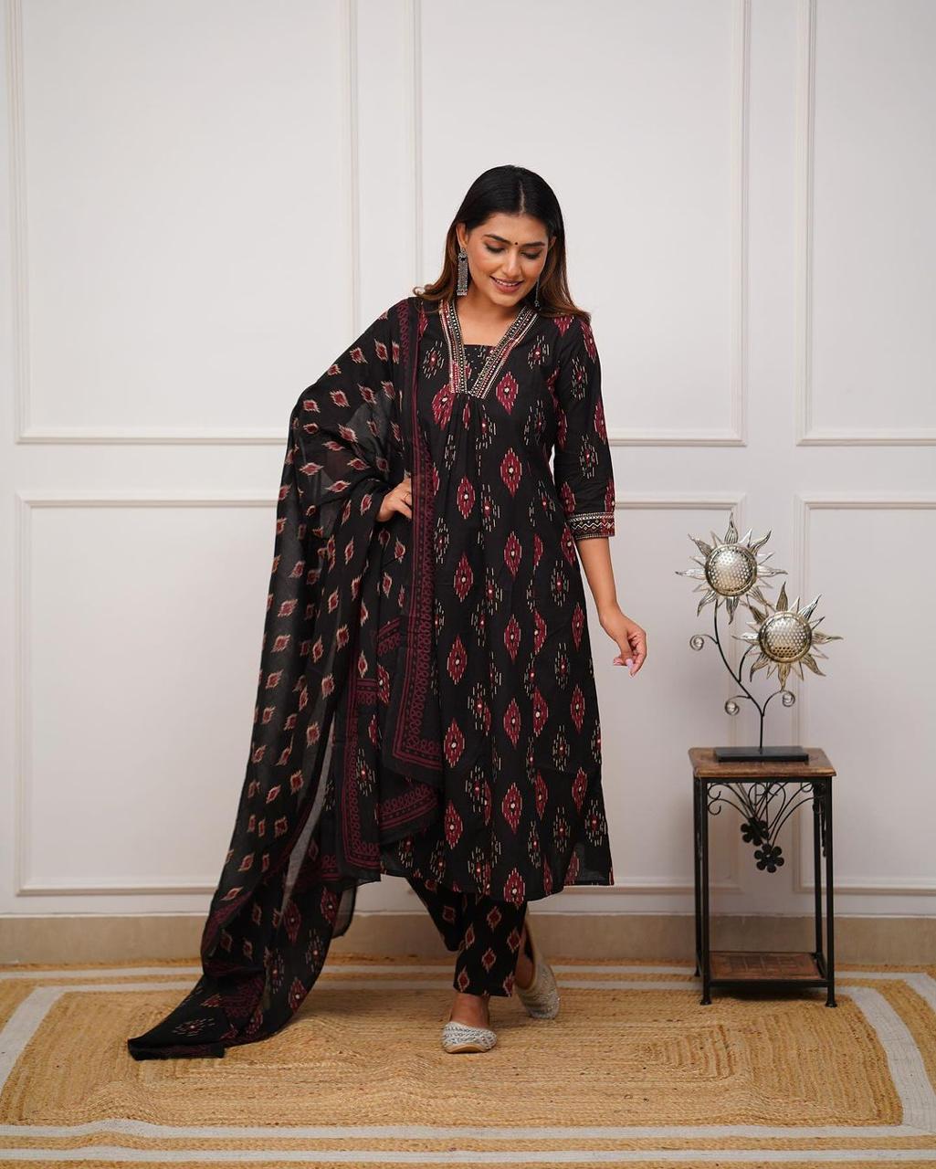 💃🏼Introducing the latest addition to our fashion collection the strength kurta Style made from high-quality cotton, embellished with exquisite mirror & sequence work on neck line and paired with matching pant.(WARED352)