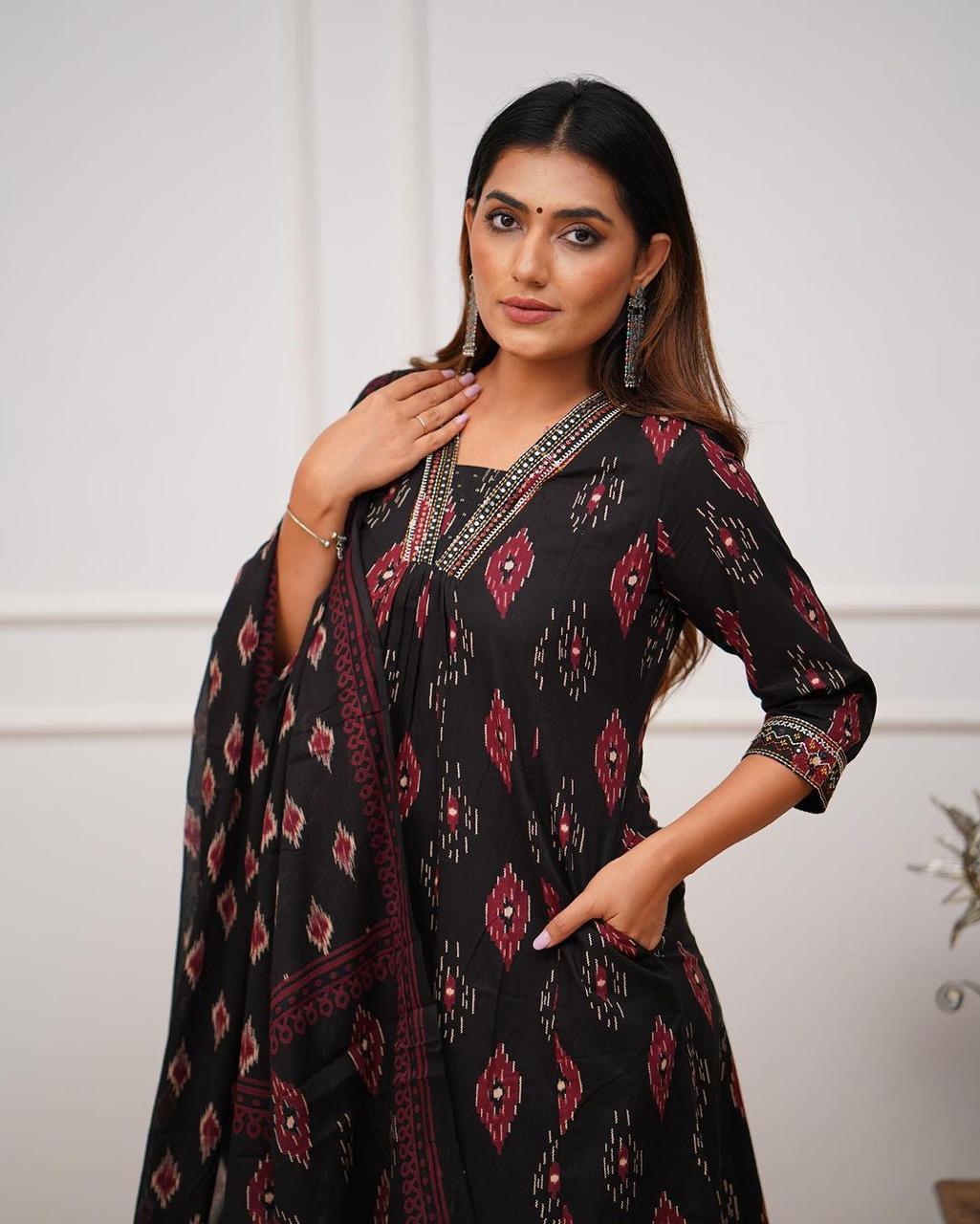 💃🏼Introducing the latest addition to our fashion collection the strength kurta Style made from high-quality cotton, embellished with exquisite mirror & sequence work on neck line and paired with matching pant.(WARED352)