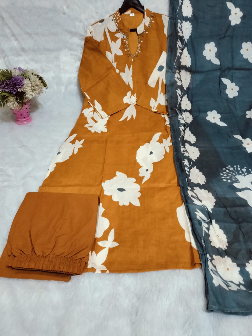 Beautiful pure cotton kurti pant dupatta set💗(WARED214)