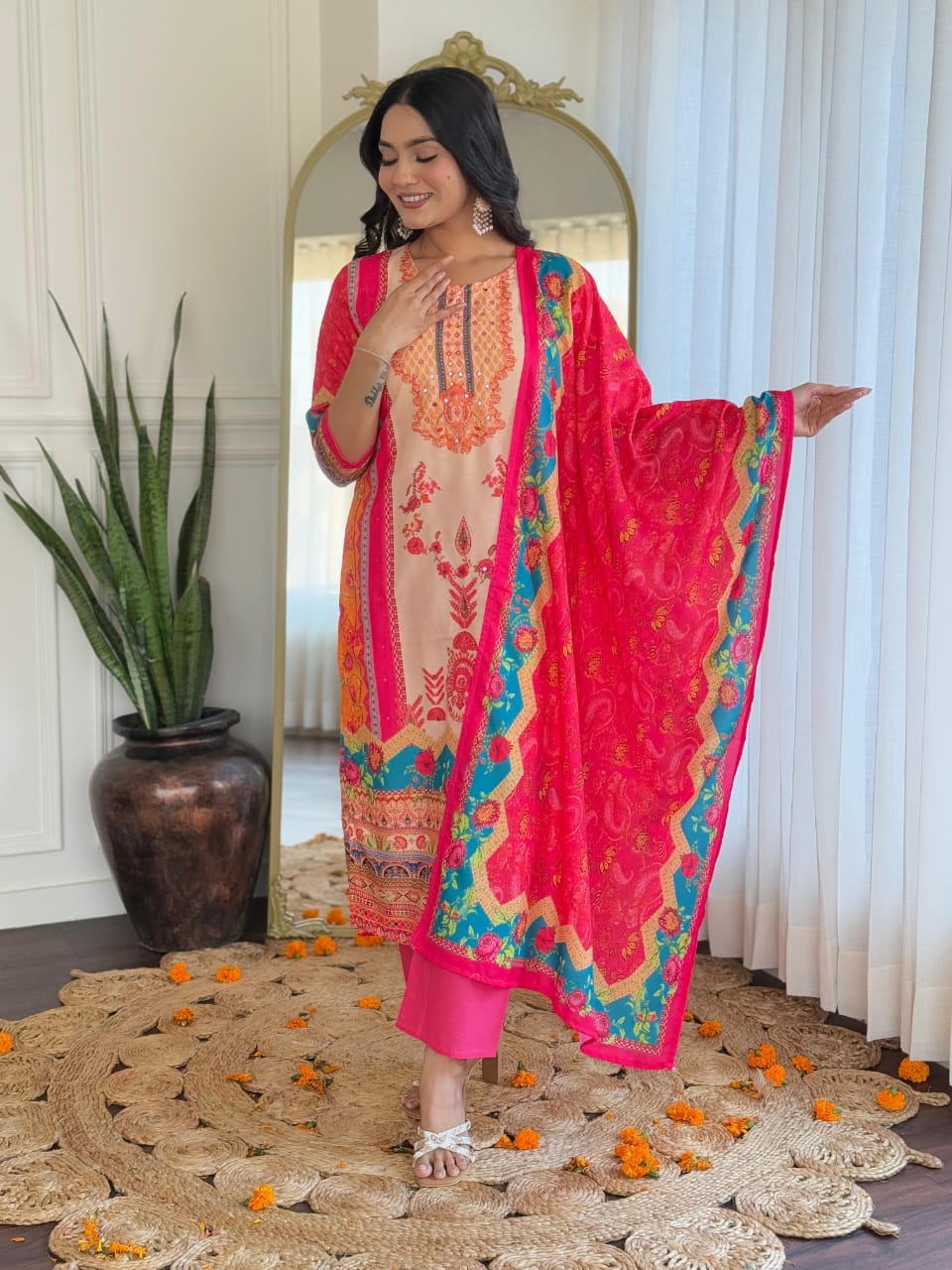 New Launch ✨✨✨✨ Pakistani Suits made from Muslin fabric with digital prints and beautiful hand work on kurti sound like a fashionable choice for upcoming occasions.(WARED164)