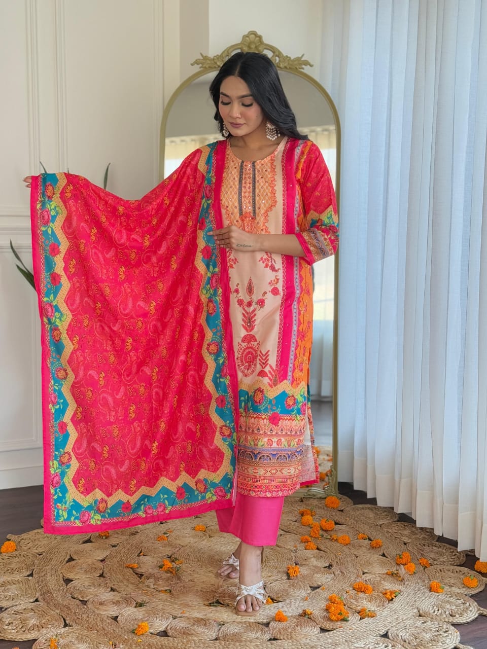 New Launch ✨✨✨✨ Pakistani Suits made from Muslin fabric with digital prints and beautiful hand work on kurti sound like a fashionable choice for upcoming occasions.(WARED164)